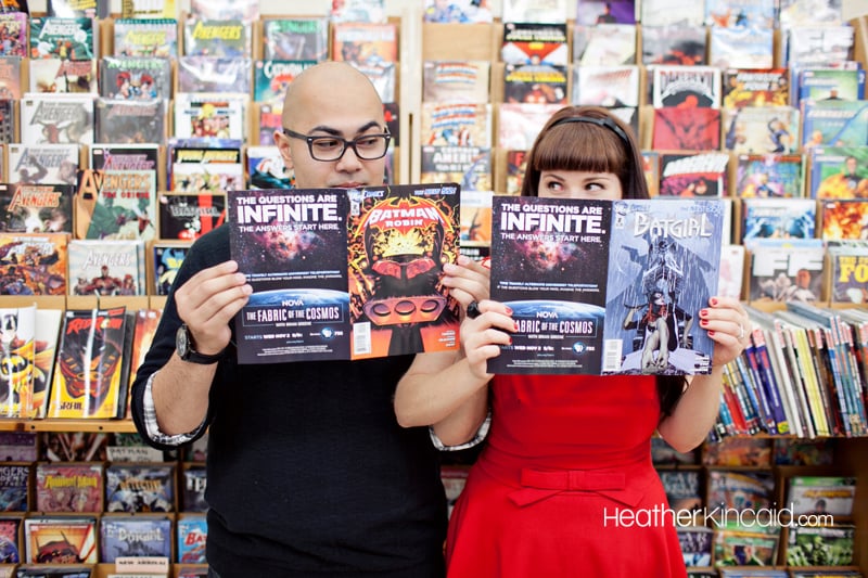 Show off your comic book street cred by holding the engagement photo session in a favorite bookstore. 
Photo: Heather Kincaid