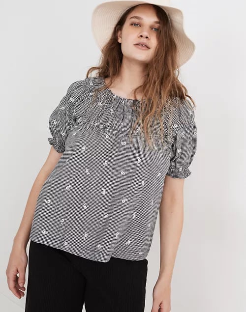 Madewell Embroidered Gingham Shirred Puff-Sleeve Top