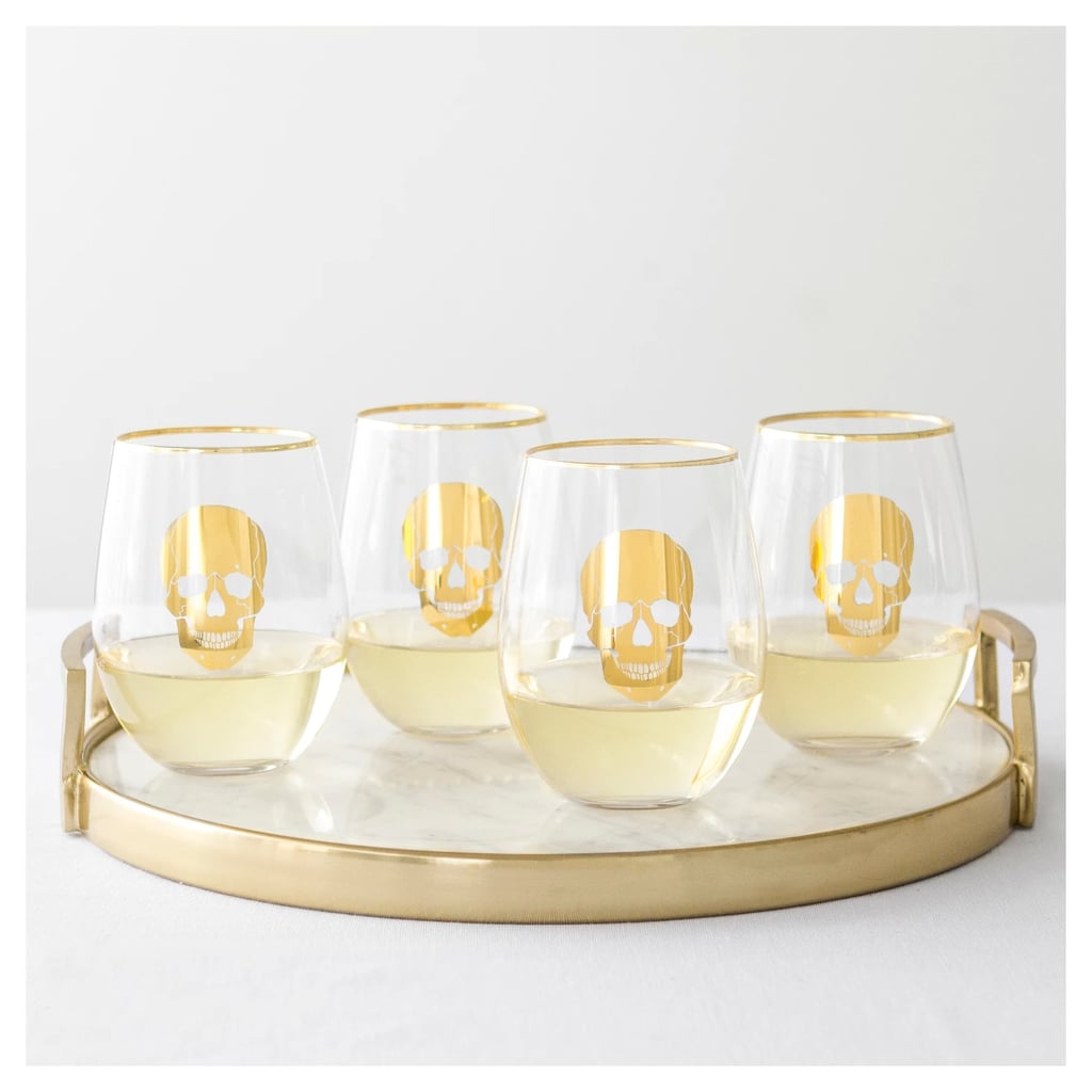 4pc Halloween Gold Skull Wine Glasses