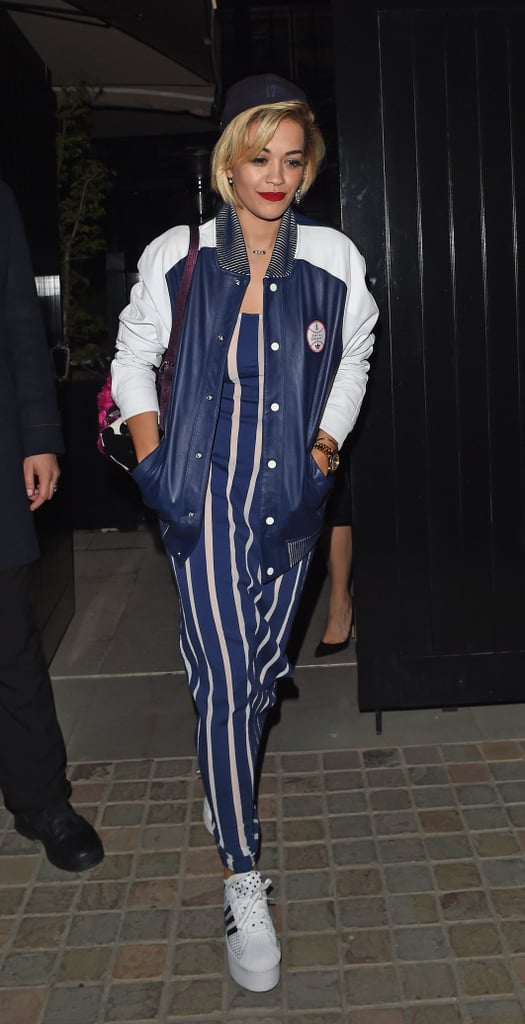 Rita Ora's easy, sporty jumper could work day to night, just by swapping out the footwear.