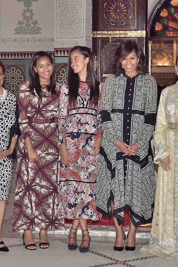For dinner with Princess Lalla Salma of Morocco, the first lady switched into a printed Altuzarra shirtdress.