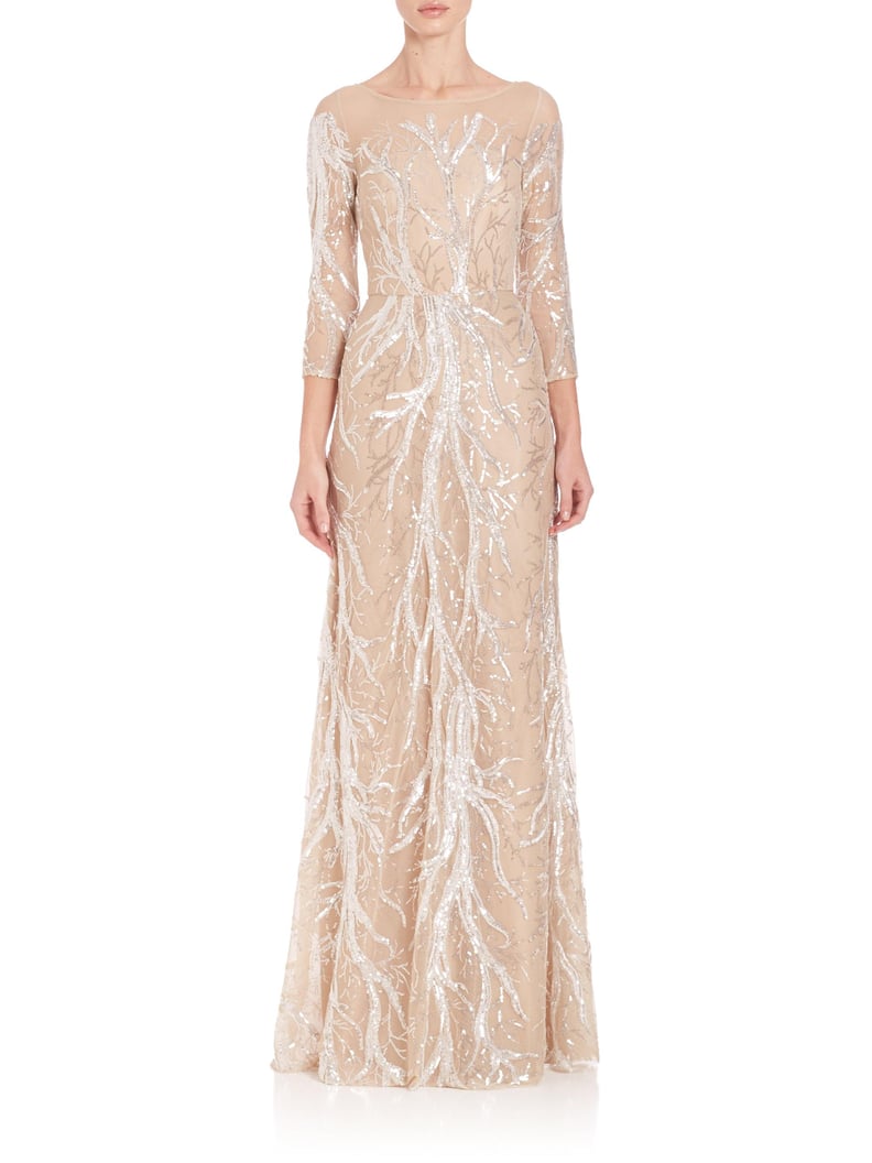 David Meister Three-Quarter-Sleeve Embroidered Sequin Gown