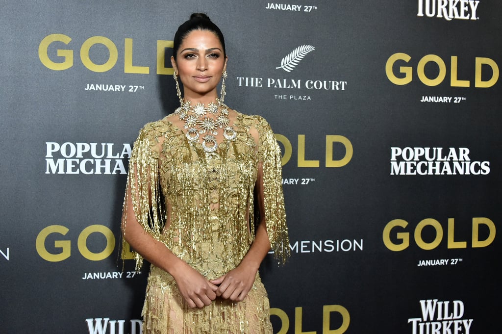 Camila Alves's Marchesa Gold Gown at NYC Gold Premiere