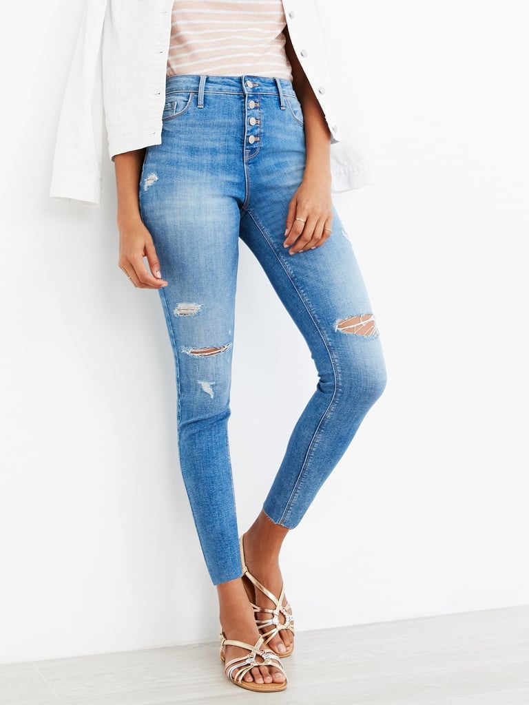 High-Waisted Distressed Button-Fly Rockstar Super Skinny Ankle Jeans