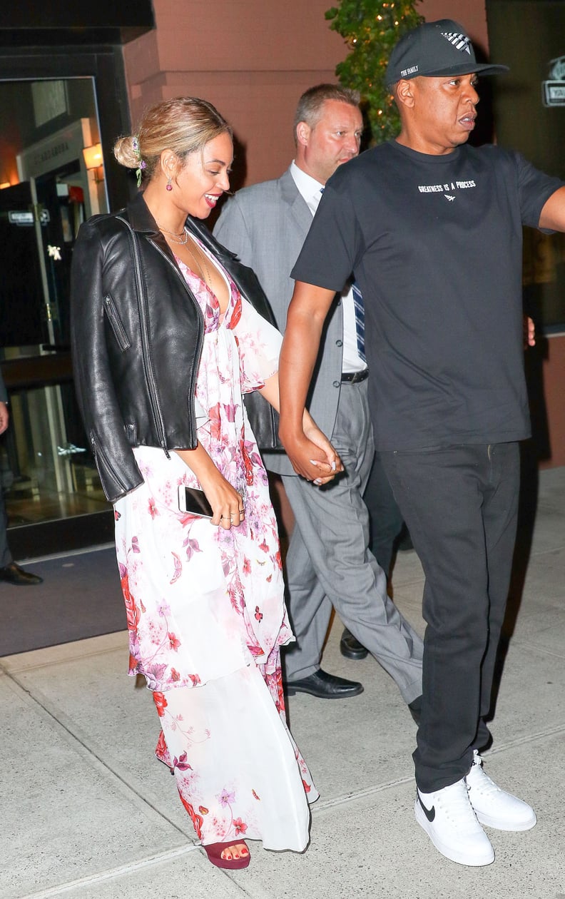 Beyoncé Draped a Leather Jacket Over Her Floral Dress