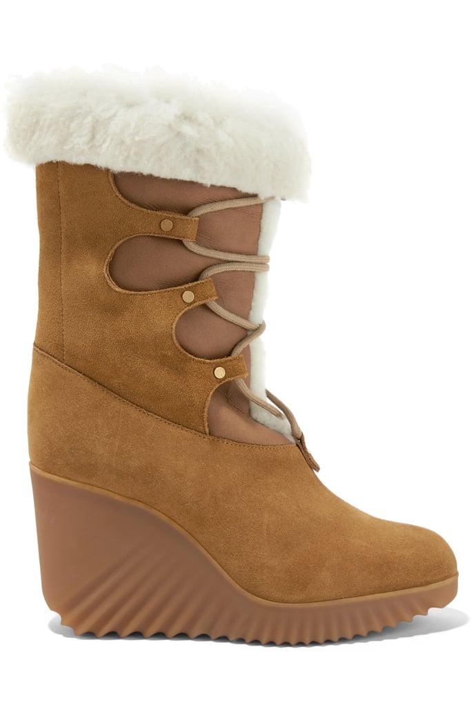 Chloé Shearling-Trimmed Suede Wedge Boots