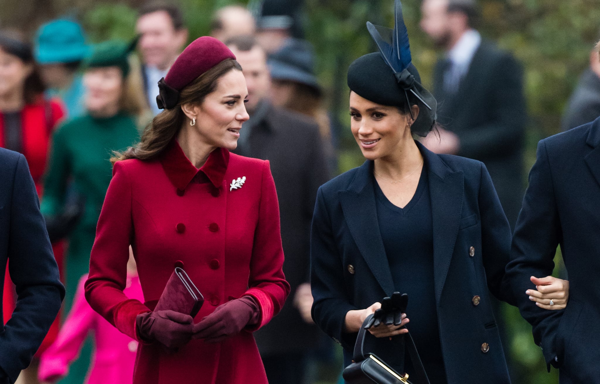 KING'S LYNN, ENGLAND - DECEMBER 25: Catherine, Duchess of Cambridge and Meghan, Duchess of Sussex attend Christmas Day Church service at Church of St Mary Magdalene on the Sandringham estate on December 25, 2018 in King's Lynn, England. (Photo by Samir Hussein/WireImage)
