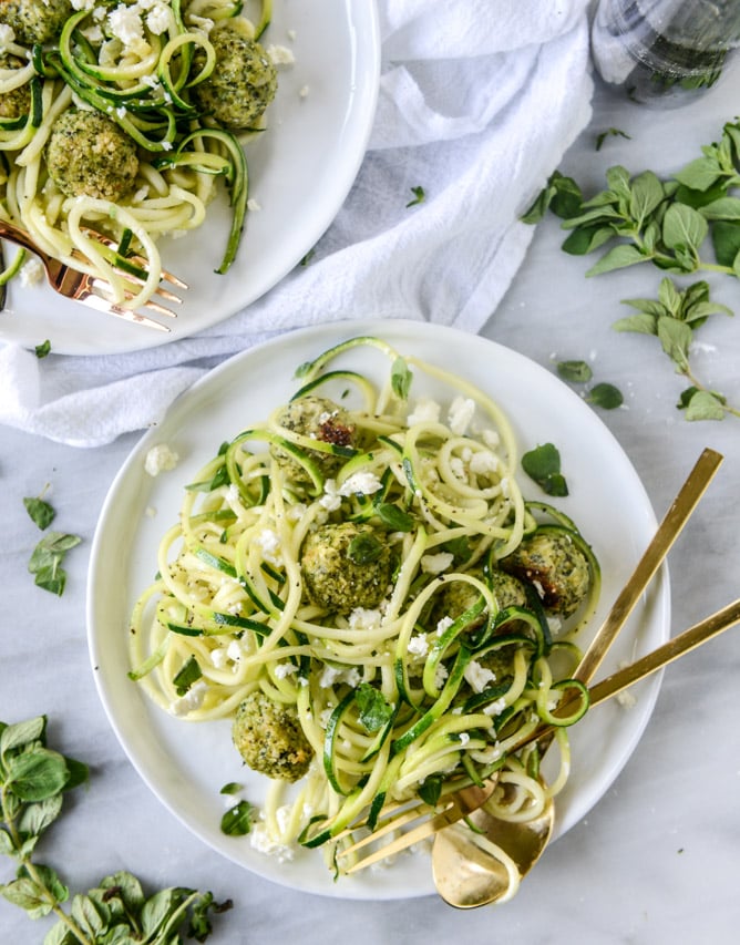 Zucchini Noodles With Mini Chicken Feta and Spinach Meatballs