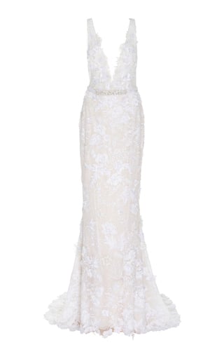 Mira Zwillinger Dara Open-Back Chantilly Lace Sheath Gown