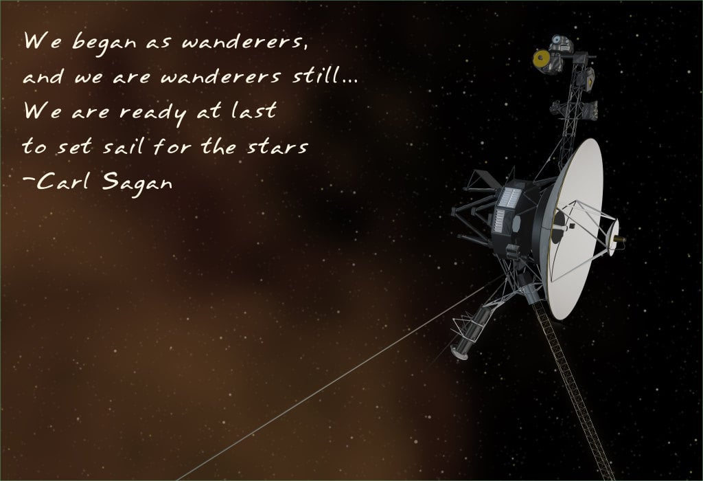 "We began as wanderers, and we are wanderers still . . . We are ready at last to set sail for the stars."
The Voyager 1 probe has already reached interstellar space, the farthest of any human probe. Carl's thirst for exploration is highlighted in this poster ($24) by Etsy user frameitposters.