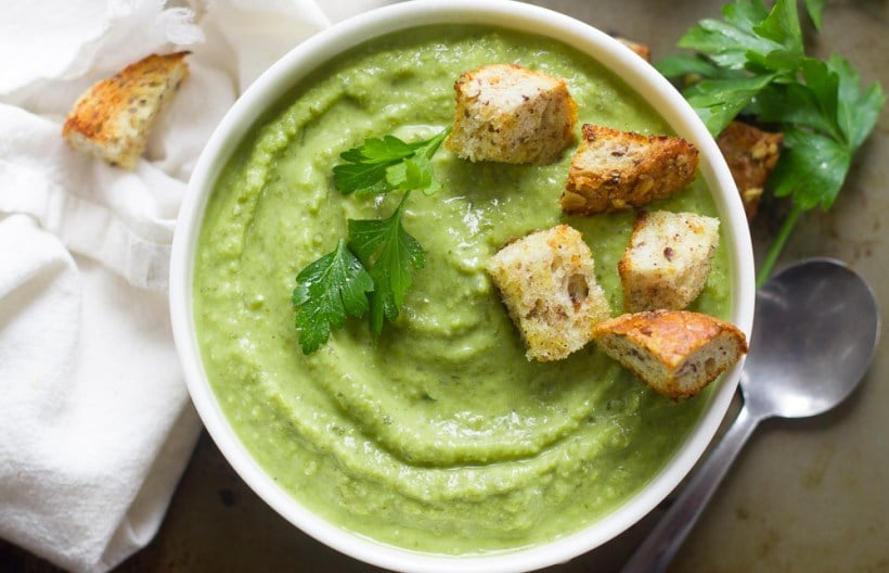 Herbed Fresh Pea Soup With Garlic Croutons