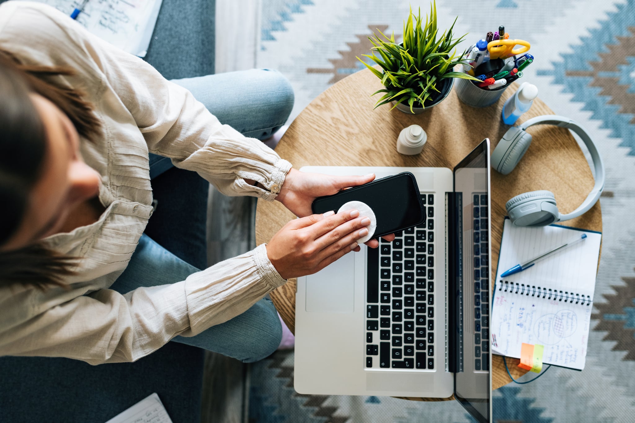 Young woman at home, working and studying from home