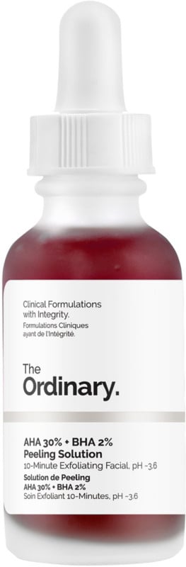 Twice per week: AHA 30% + BHA 2% Peeling Solution ($7). This 10-minute facial helps to clear pore congestion, offers deep exfoliation, and fights the appearance of blemishes. However, this shouldn't be used on sensitive or peeling skin. Best of all, it's bright red and resembles the vampire facial.