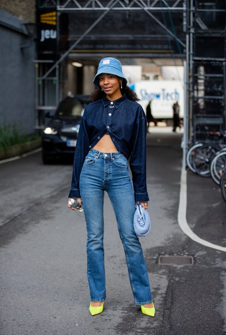 Dark Denim Shirt, Medium Denim Jeans, Light Denim Bucket Hat