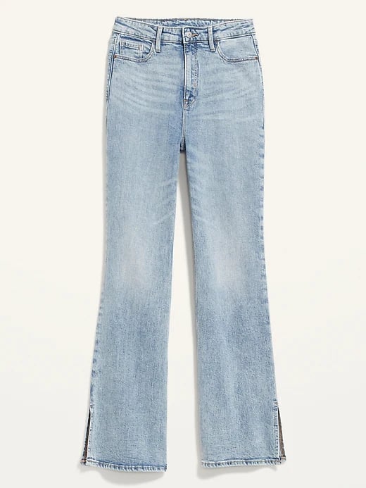 Higher side-slit high-rise flared jeans