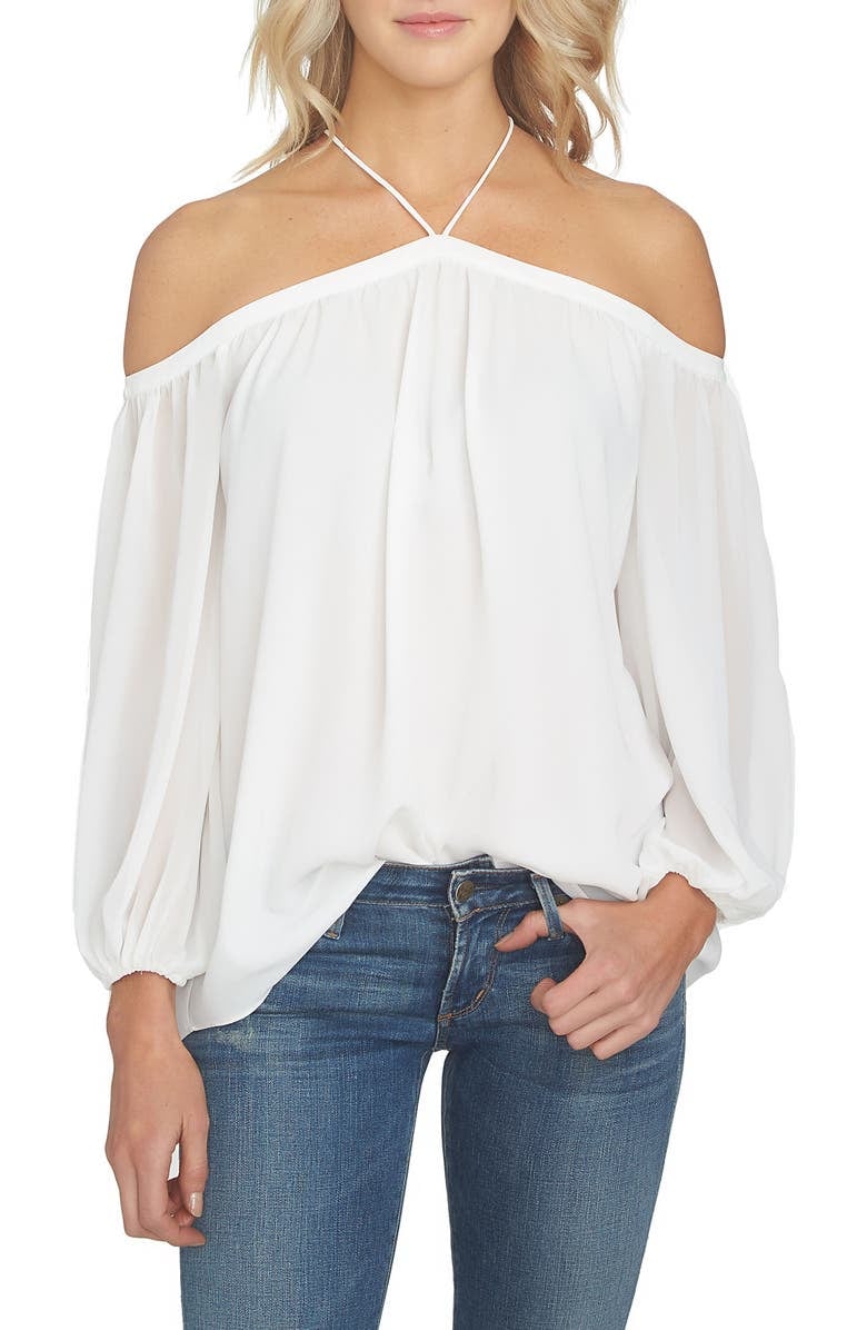 1.State Off the Shoulder Sheer Chiffon Blouse
