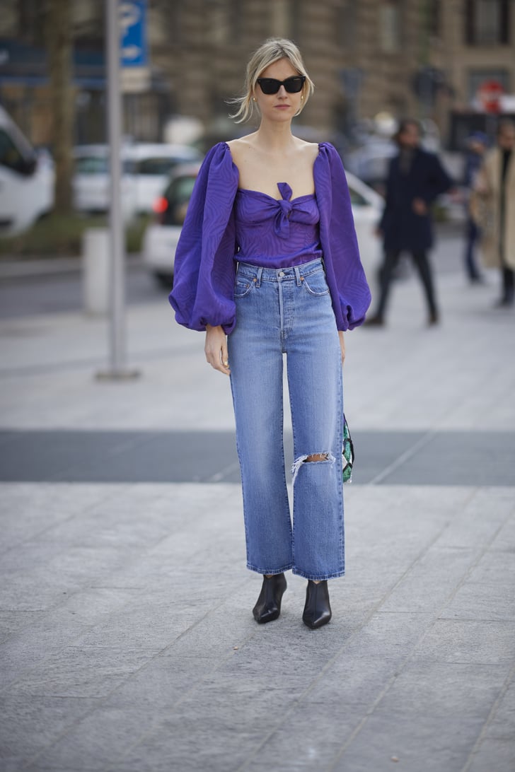 Give straight leg jeans the romantic touch in a sweetheart blouse