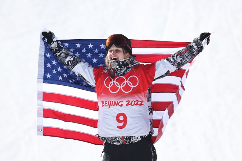 Silver medallist Julia Marino of Team United States celebrates during the Women's Snowboard Slopestyle Final flower ceremony on Day 2 of the Beijing 2022 Winter Olympic Games at Genting Snow Park on February 06, 2022 in Zhangjiakou, China.