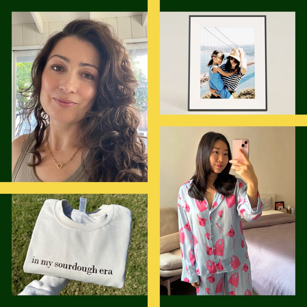 A four-panel collage features two editors taking selfies in separate frames, a framed photo of a mother and child standing by the Golden Gate Bridge, and a folded sweatshirt printed with the phrase 