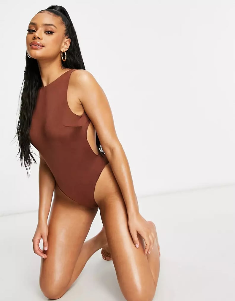 ASOS Design Tie Back High Neck Swimsuit in Chocolate Brown