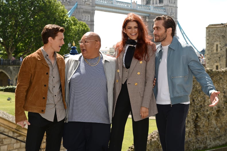 LONDON, ENGLAND - JUNE 17: Tom Holland (Peter Parker / Spiderman),  Jacob Batalon (Ned Leeds), Zendaya (MJ), and Jake Gyllenhaal (Quentin Beck / Mysterio) attend the Spider-Man: Far From Home London photo call at Tower of London one of the films iconic lo