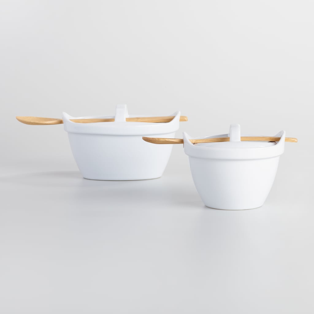 Set of 2 Mini White Ceramic Bakers With Lids and Spoons ($16)