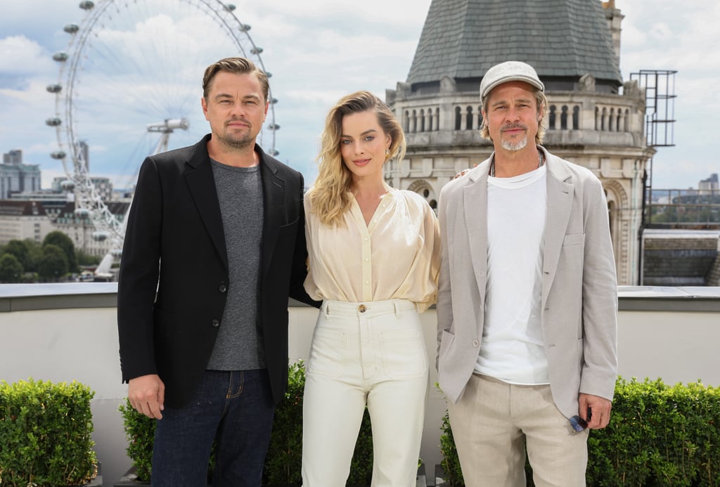 Leonardo DiCaprio, Margot Robbie, and Brad Pitt at the London photocall of Once Upon a Time in Hollywood.