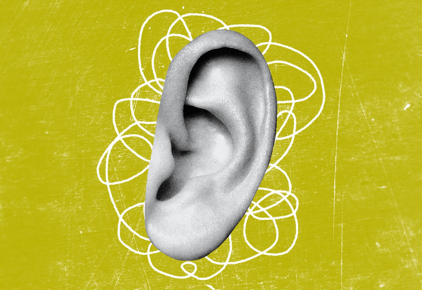 artwork of an ear with hand-drawn squiggles around it