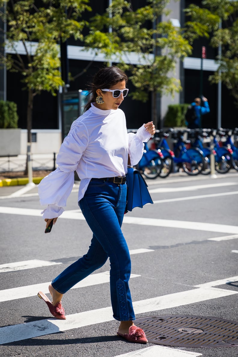With Statement Earrings, Luxe-Looking Flats, and Belted Denim