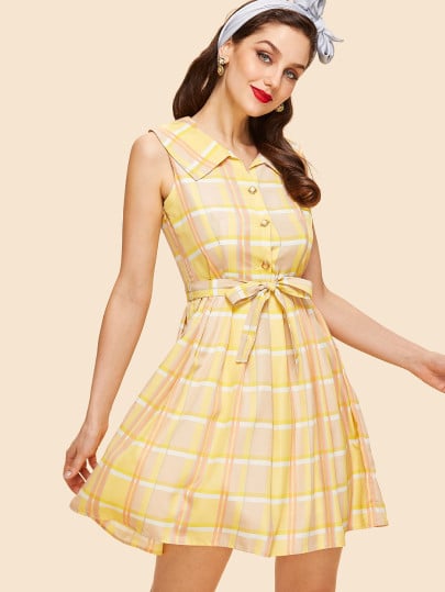 Shein Button Accent Self Belted Plaid Dress