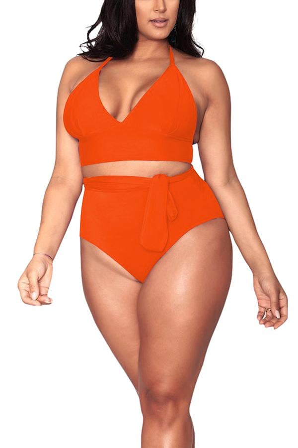 Clorys Plus Size Halter High Waisted Tummy Control Bikini Set