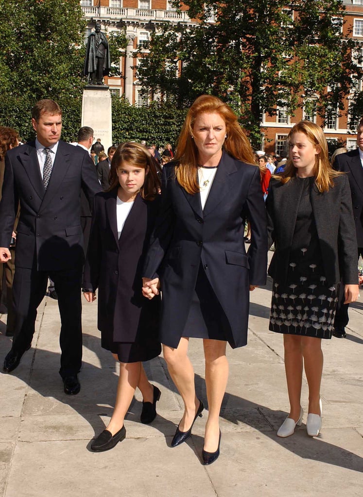 Prince Andrew, Sarah Ferguson, Princess Eugenie, and Princess Beatrice at the US Embassy in 2001