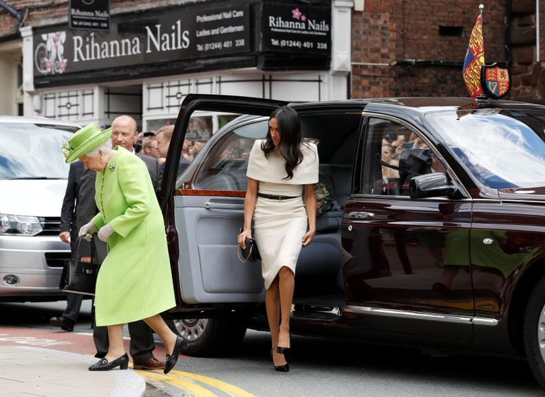 CHESTER, ENGLAND - JUNE 14:  Queen Elizabeth II and Meghan, Duchess of Sussex arrive from their car for their visit to the Storyhouse on June 14, 2018 in Chester, England. Meghan Markle married Prince Harry last month to become The Duchess of Sussex and t