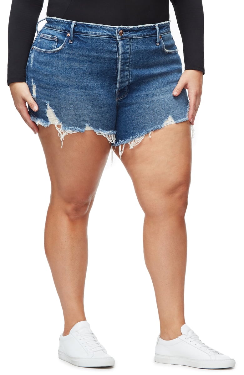 Good American The Bombshell High-Waist Distressed Denim Shorts