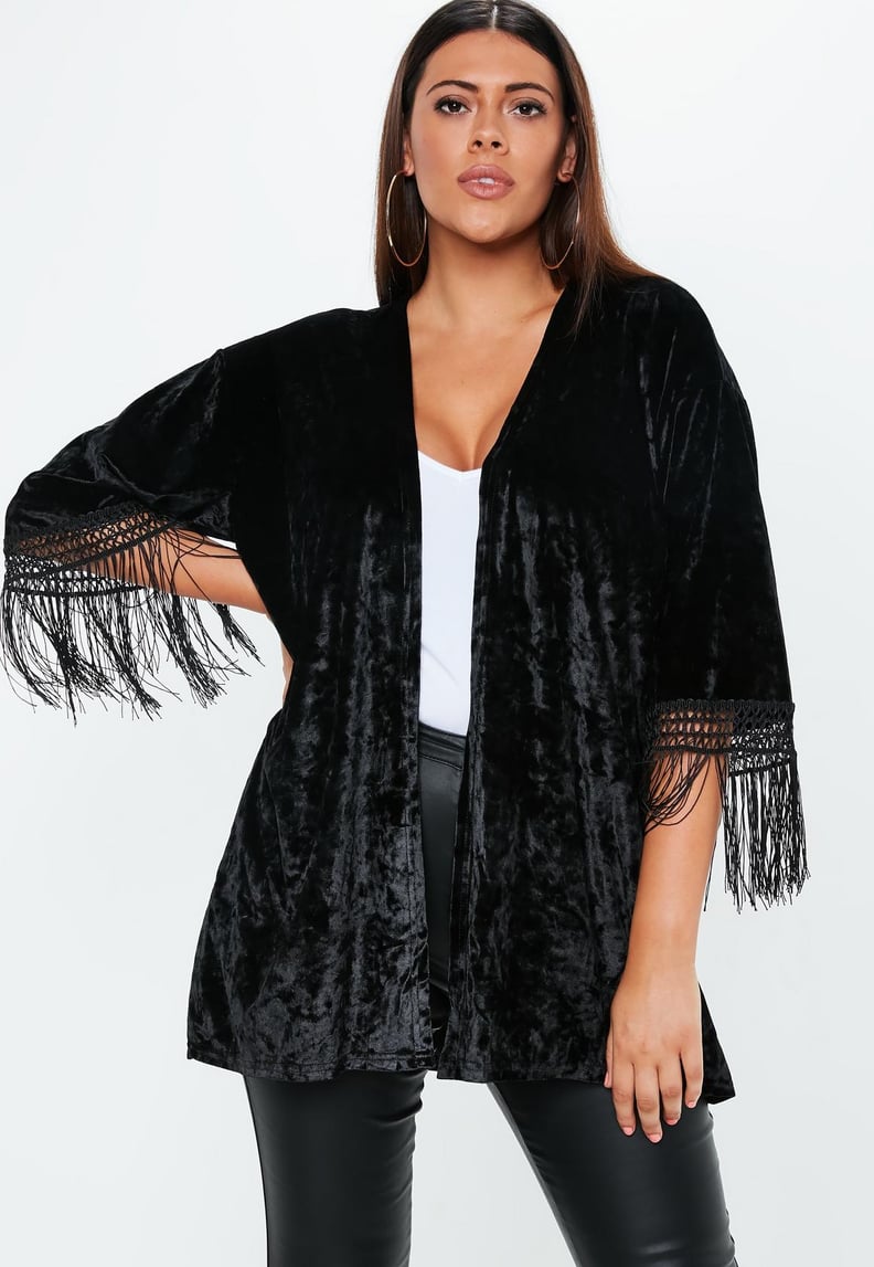 Missguided Black Crushed Velvet Fringe Sleeve Kimono
