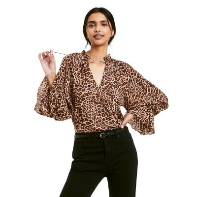 Leopard Print Long Sleeve Tie-Front Blouse