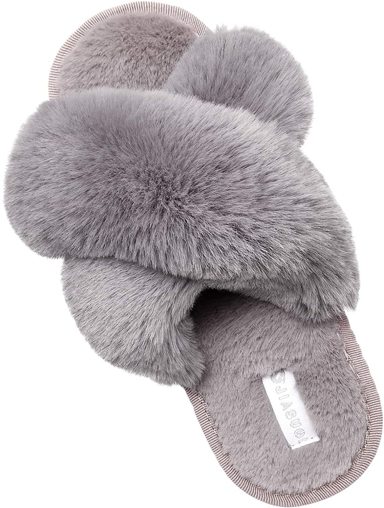 JIASUQI Cross Open Toe Fuzzy Fluffy House Slippers