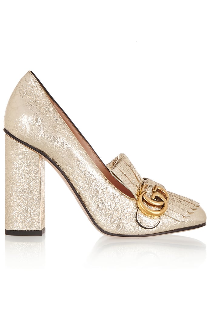 I love the mix of fancy and basic so I'll be wearing these gold Gucci fringed pumps ($870) with my best-fitting high-waist jeans and the most comfortable white t-shirt I own.
— MC
