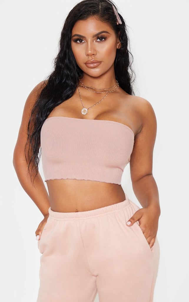 PrettyLittleThing Nude Rib Frill Hem Bandeau Crop Top