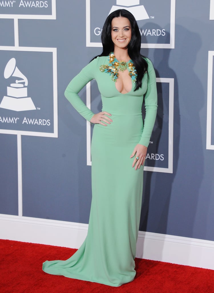 Katy Perry took the 2013 Grammys red carpet by storm in a dazzling seafoam green Gucci gown adorned with gorgeous jewels and a peekaboo keyhole cutout.