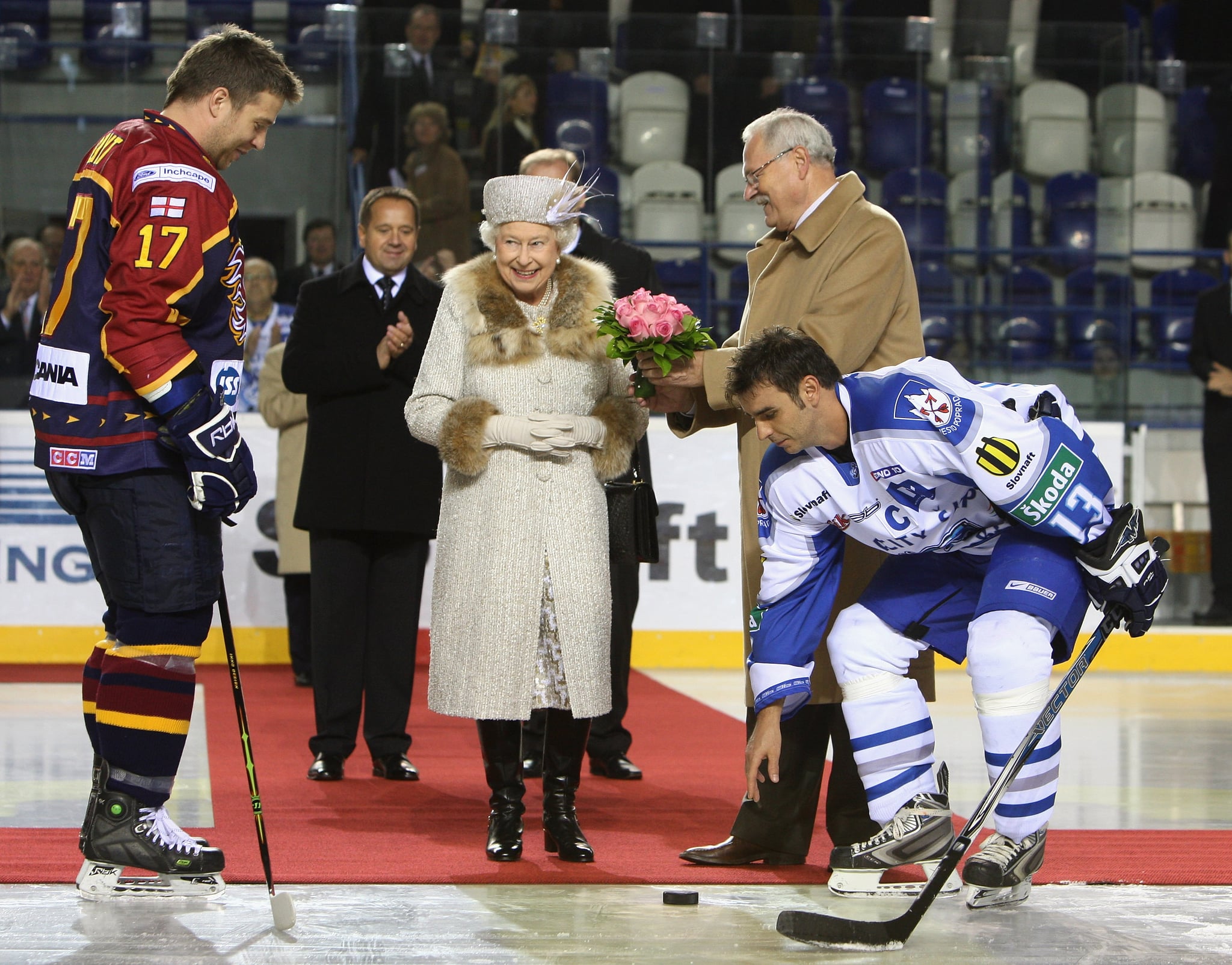 Queen Elizabeth II takes in a Slovakian hockey game in 2008