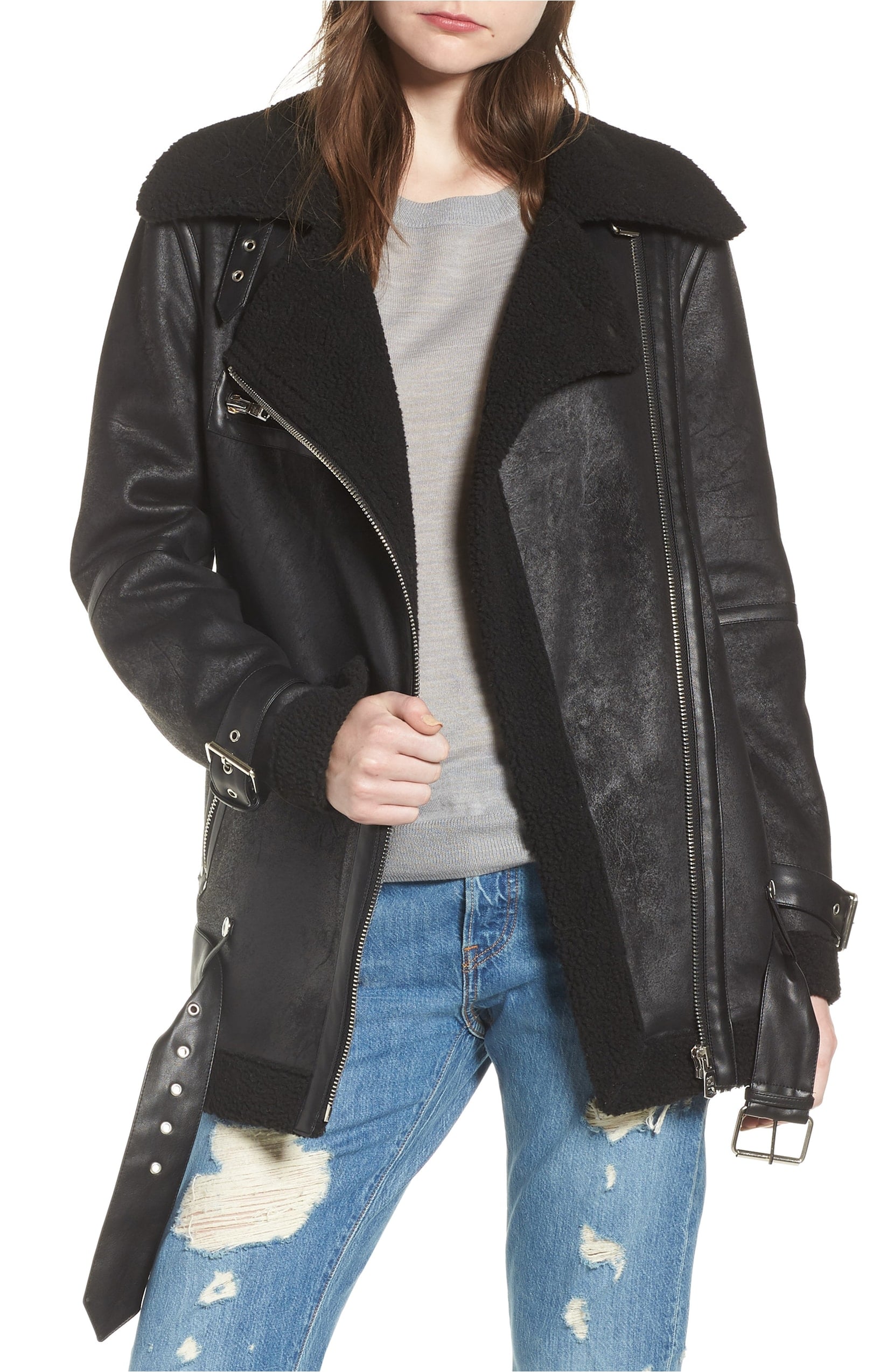 Avec Les Filles Faux Shearling Biker Jacket Goodbye Paycheck