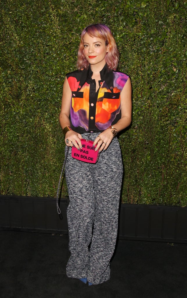 Lily Allen popped with color at the Chanel and Charles Finch dinner at Madeo.
