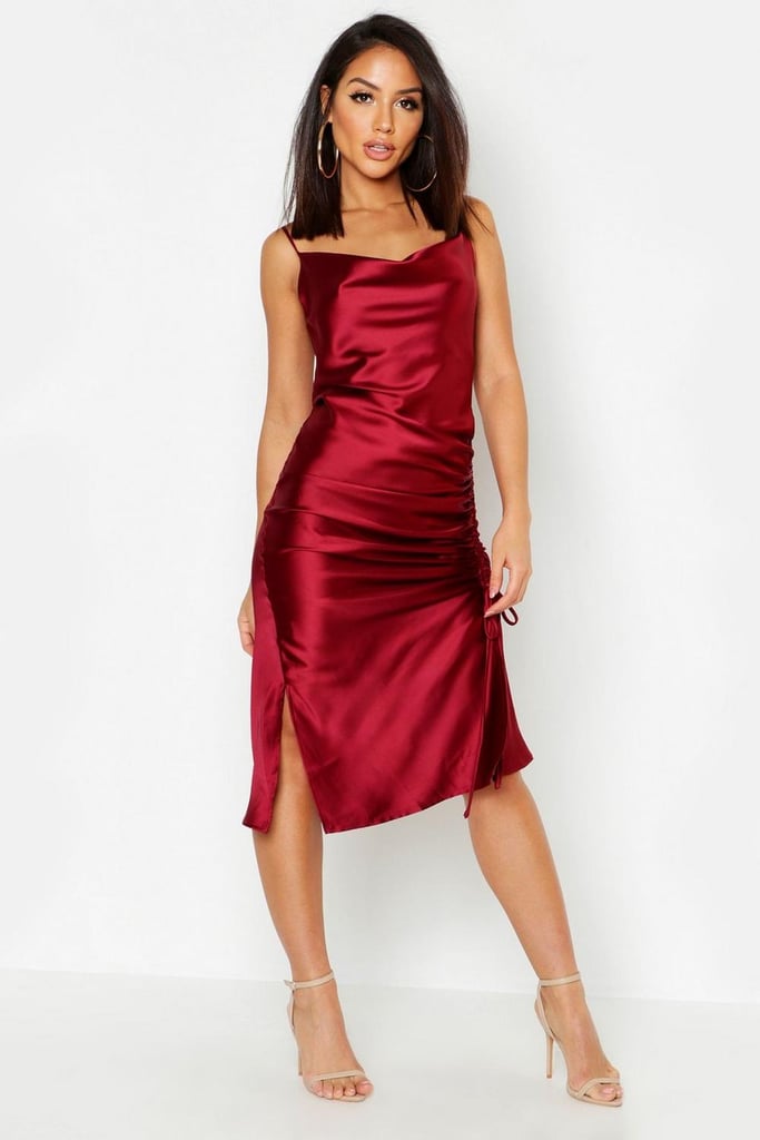 Boohoo Satin Ruched Side Dress Amal Clooney Red Slip Dress at
