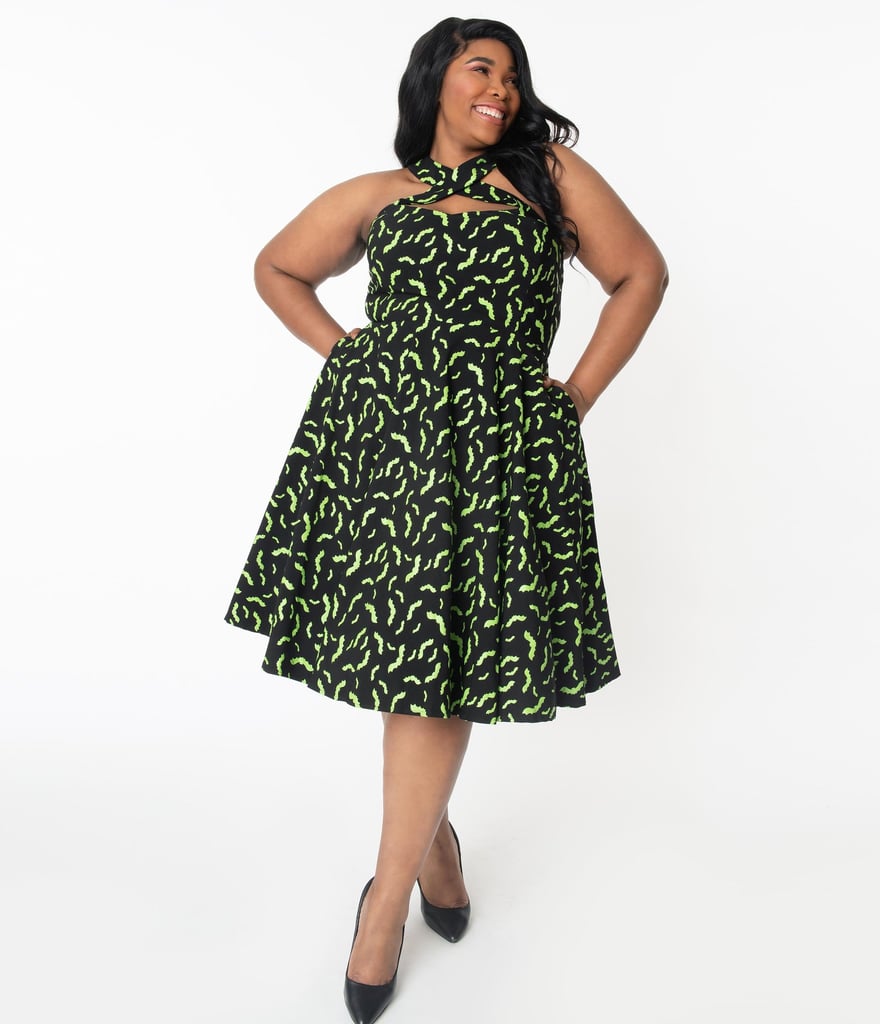 Unique Vintage Plus Size Black and Neon Green Bats Rita Flare Dress