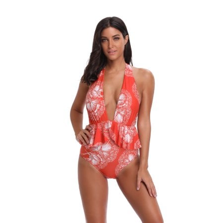 MOYI One Piece Backless Bather Swimsuit Deep V-neck Halter Floral High Waisted