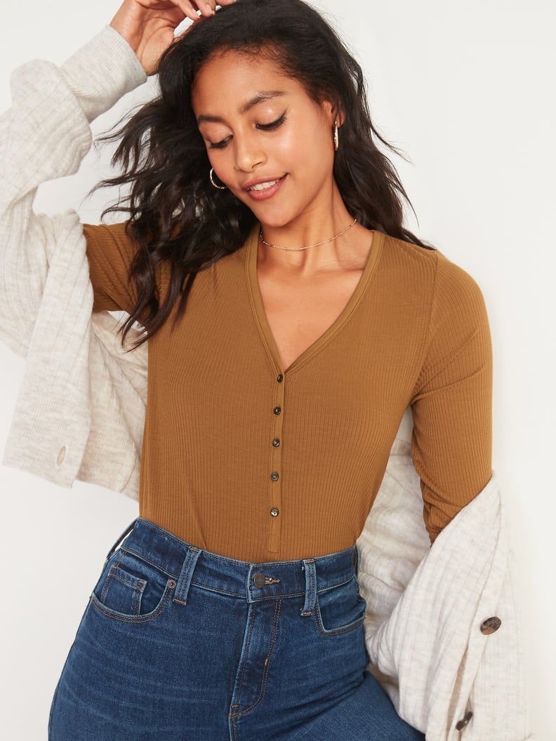Luxe Rib-Knit V-Neck Long-Sleeve Henley Top