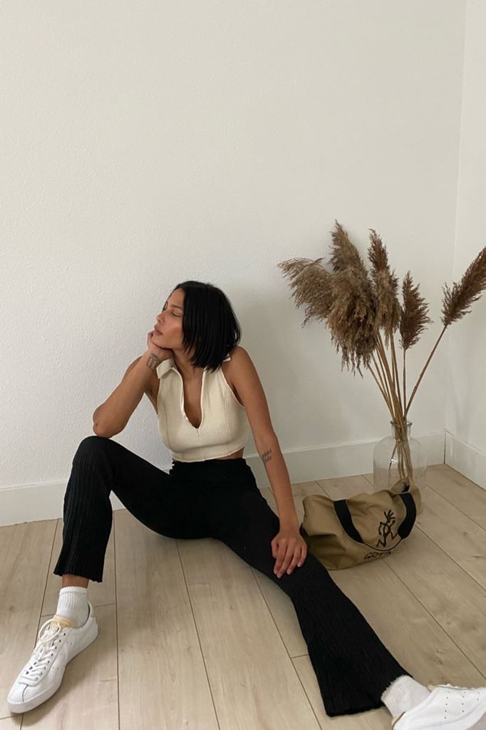 white ribbed flare pants