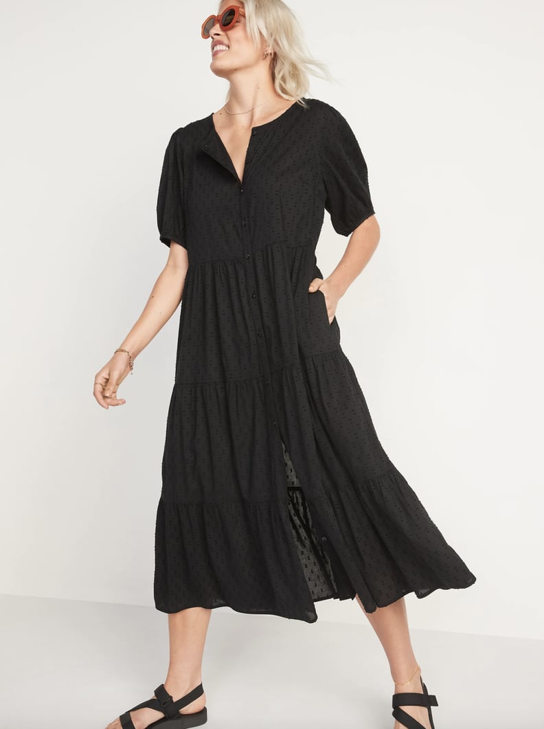 Old Navy Puff-Sleeve Clip-Dot Button-Front Midi Swing Dress