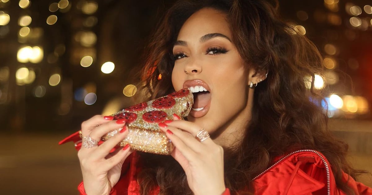 Jordyn Woods’s Crystal Pizza Bag and Red Outfit